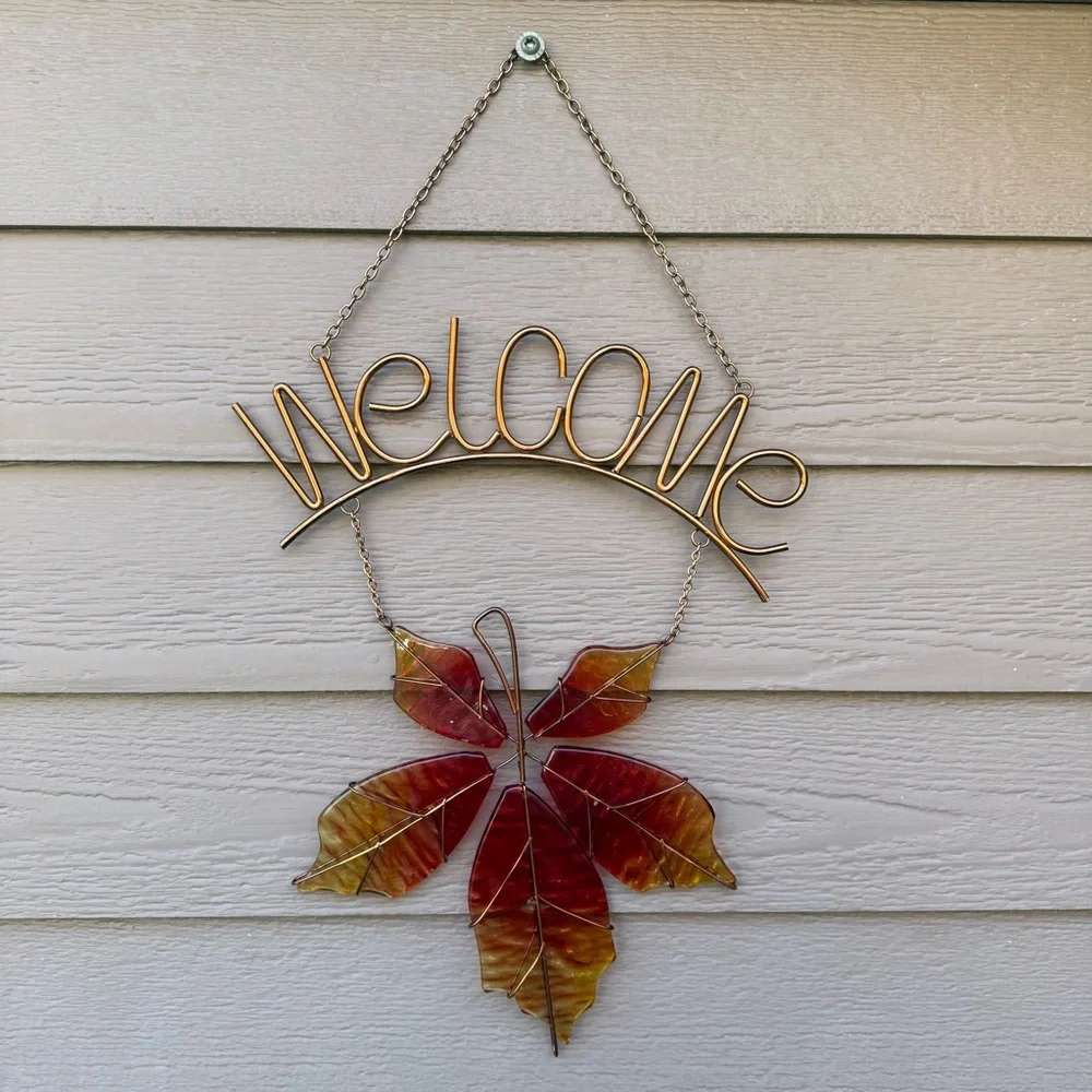 Copper Welcome Sign With Glass Maple Leaf Rustic Country Handmade Artisan Pretty